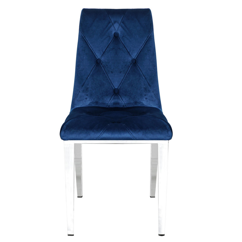 19.29'' H Tufted Velvet Upholstered Side Chair, Blue, Silver
