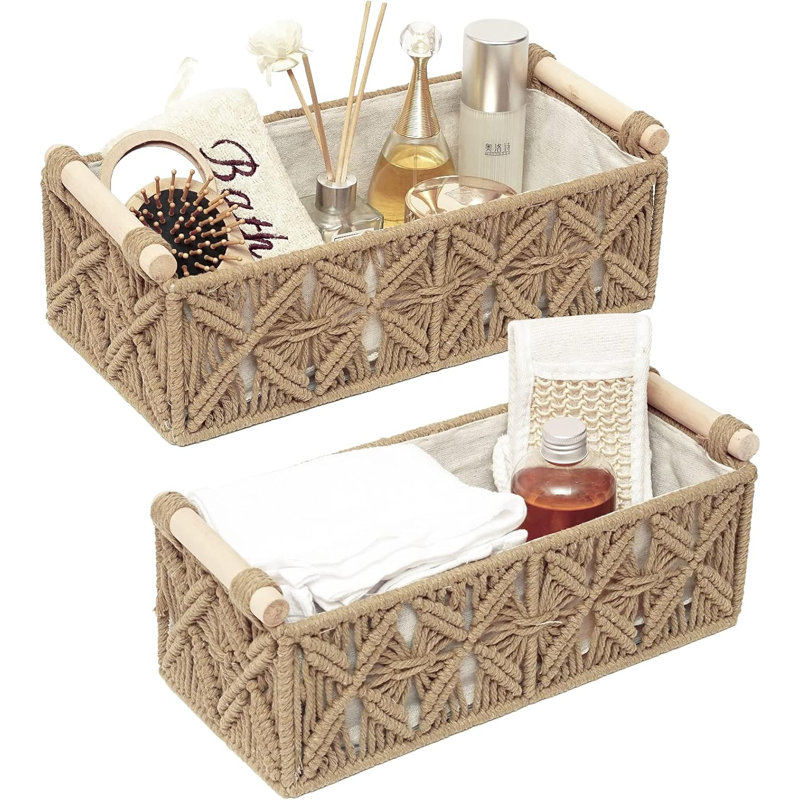 Set Of 2 Macrame Boho Woven Storage Baskets With Handles