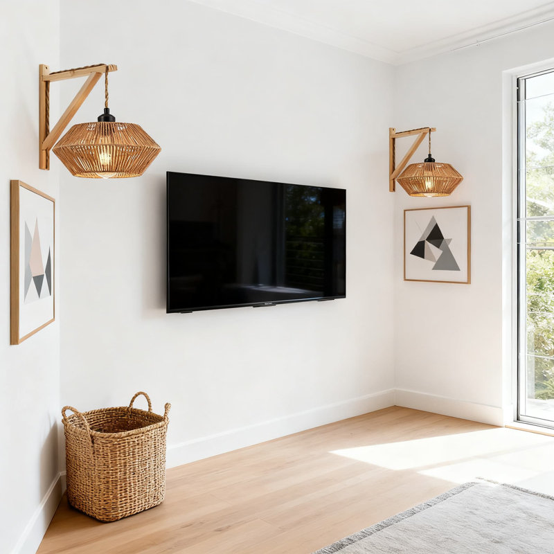 Applique murale en rotin à brancher - Lampe de ferme bohémienne à intensité variable avec douille E26 pour la chambre à coucher, le salon et le couloir