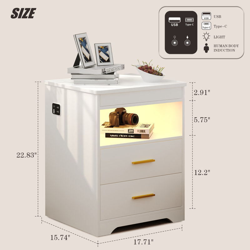 45cm W Manufactured Wood Bedside Table, White