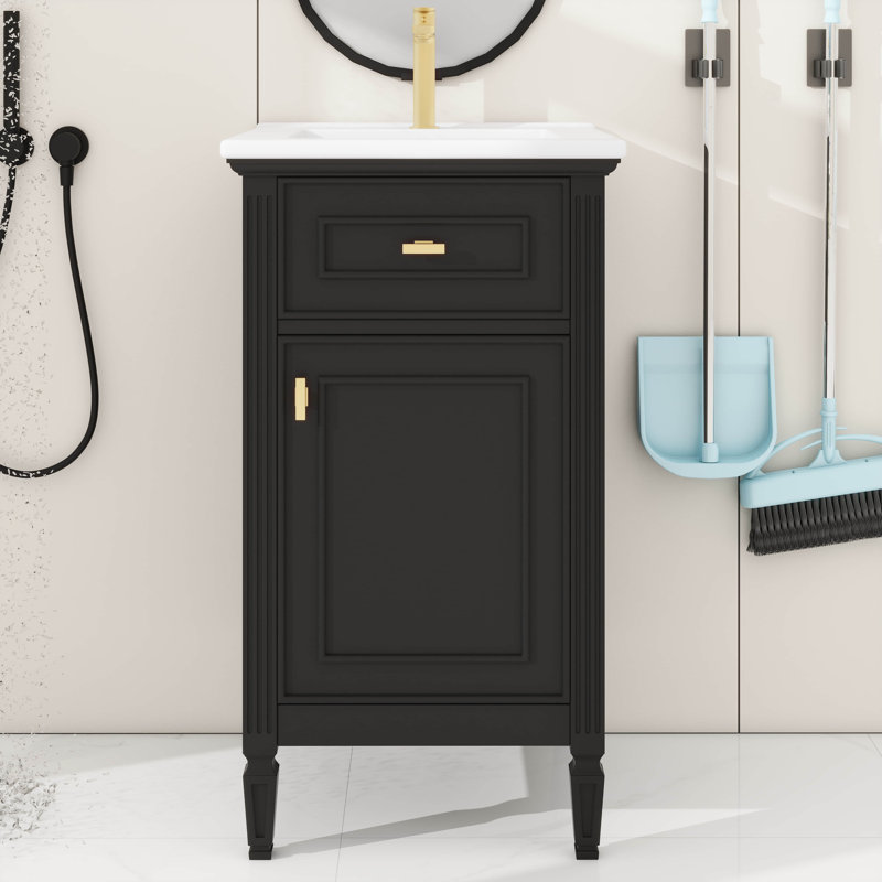 Meuble-lavabo de 20 pouces avec lavabo - tiroir inclinable, pieds en bois massif, tablette réglable - armoire autoportante moderne pour petite salle de bain, boutons en alliage de zinc