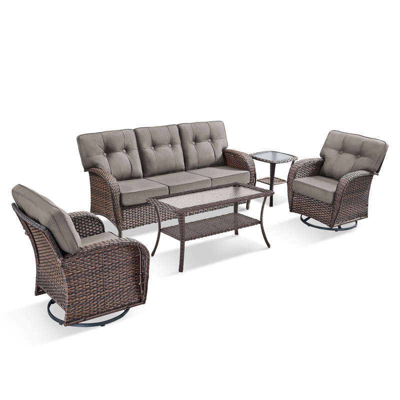 Fiorillo 5-Piece Outdoor Wicker Patio Conversation Set With 5" Thick Cushions And 2 Swivel Chairs, Gray