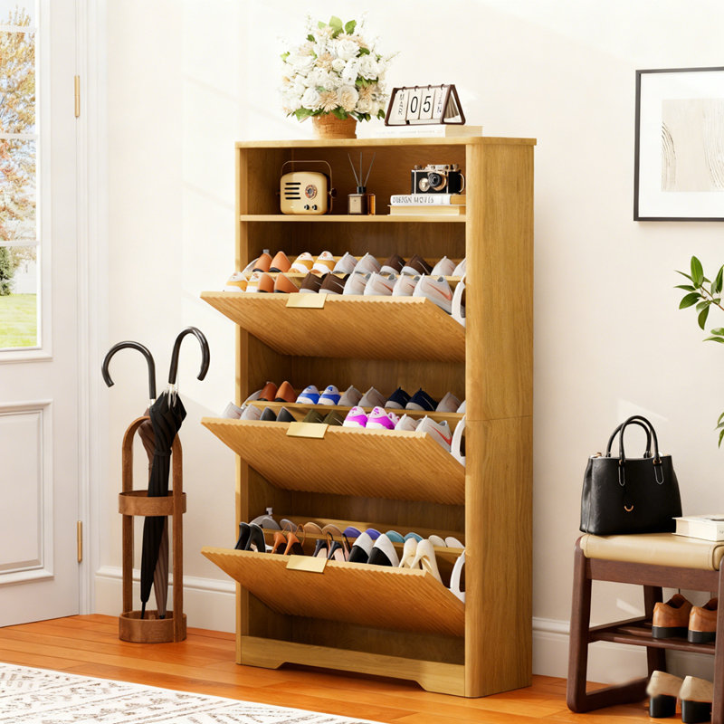 Tall Free-Standing Shoe Cabinet With 3 Hidden Flip Drawers For Entryway, Hallway, And Foyer Shoe Storage., Natural