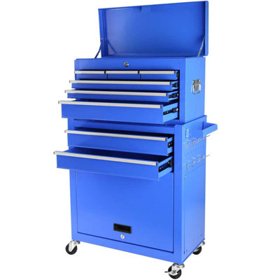 8 Drawer Rolling Tool Chest Blue, Heavy Duty Mobile Lockable Tool Cabinet Combo With Detachable Organizer For Workshop, Garage, And Mechanics