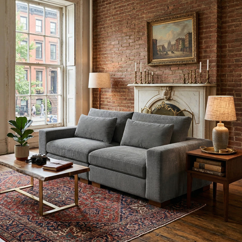 Kitson 89'' Recessed Arms Modular Sofa, Dark Gray Corduroy