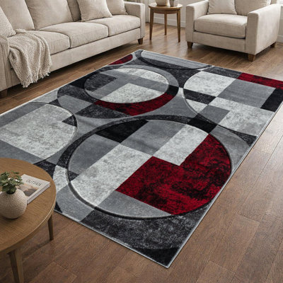 Tapis rouge à motif géométrique ciselé à la main Glam