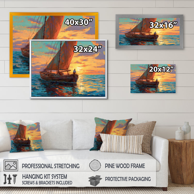Voilier en mer sur toile, Cadre photo noir, H 12 po x l 20 po x P 1 po