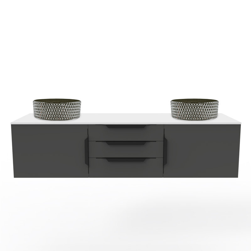 Wildsee 60" Floating Single Bathroom White Vanity Set With Silver Tempered Glass Vessel Sink, Black, Silver