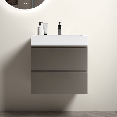 Meuble-lavabo gris 24 po avec lavabo, grand rangement, conception flottante murale pour salle de bain moderne, lavabo une pièce blanc