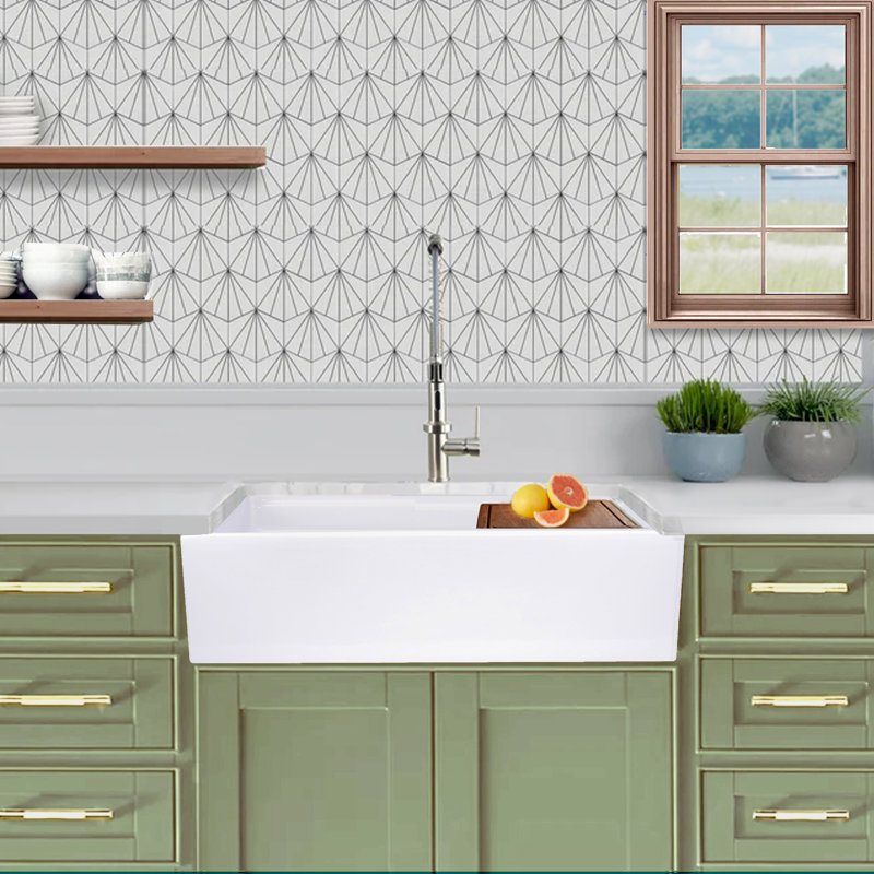 36" L x 19" W Farmhouse/Apron Kitchen Sink with Basket Strainer, Cutting Board, Drain Asembly and Sink Grid, White