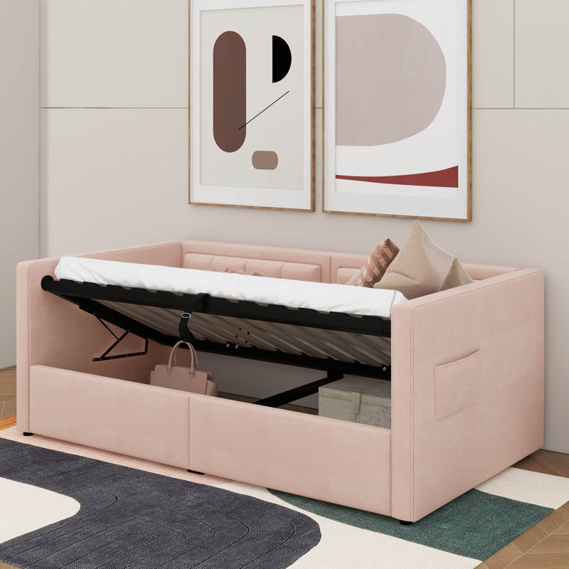 Upholstered Twin Size Daybed, Hydraulic Storage Twin Bed With USB & Type-C Charging, Bed Frame With Tufted Sofa Back, Pink
