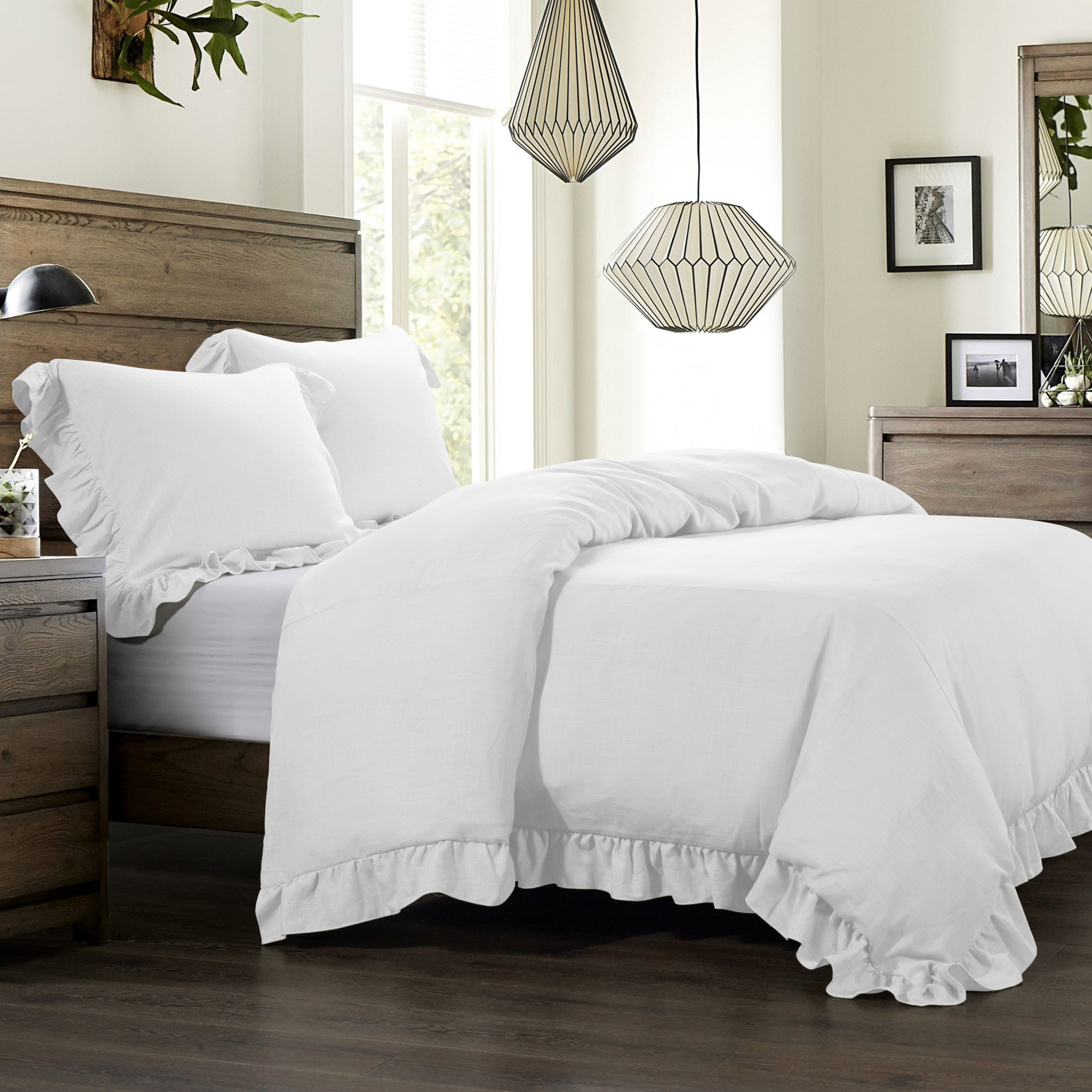 Lily Washed Linen Ruffled Edge Romantic Farmhouse 3 Piece Duvet Cover Set, Queen Duvet Cover + 2 Standard Sham, White
