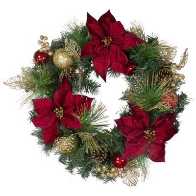 Poinsettias And Ball Ornaments Artificial Christmas Wreath - 24-Inch, Unlit