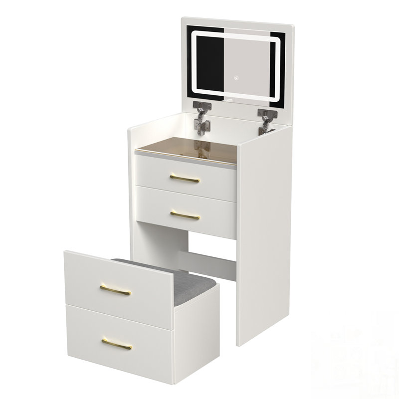 Bureau de coiffeuse compact avec miroir ouvert, rangement spacieux et tabouret confortable pour les chambres modernes