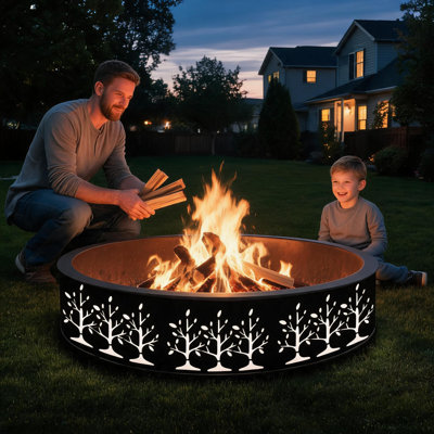 48 in Round Fire Pit Ring with Tree Cutout Design, Heavy Duty Metal Outdoor Fire Liner for Backyard Patio Camping, 4 Panel Easy Assembly Fire Pit Insert Ring