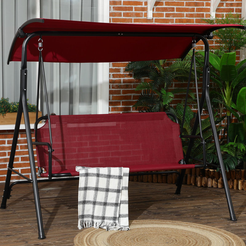 Balancelle à 3 porches avec support solide et auvent - Jardin de loisirs extérieur, patio, banc rouge près de la piscine et utilisation extérieure réglable