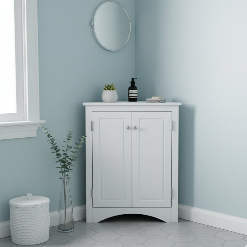 White Triangle Bathroom Storage Cabinet With Adjustable Shelves, Freestanding Floor Cabinet