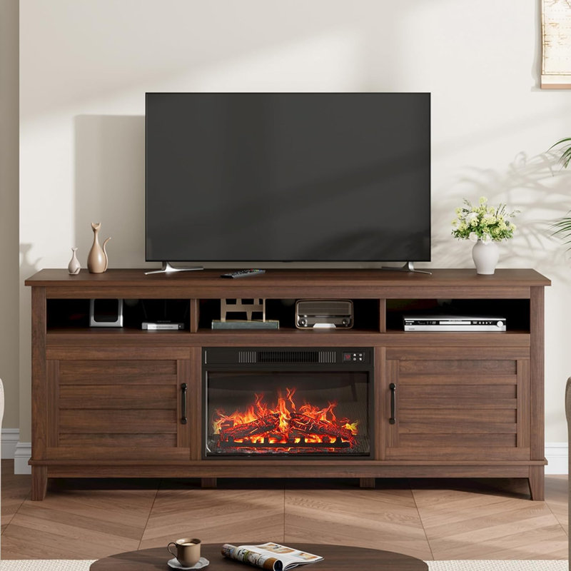 71" Farmhouse TV Stand with 23" Electric Fireplace, Adjustable Storage, Media Console for Living Room & Bedroom, Brown