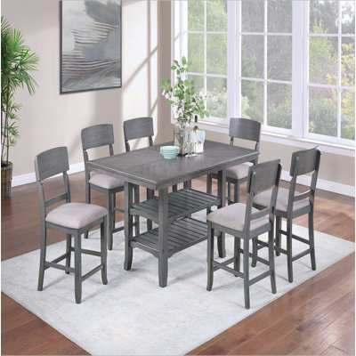 Ensemble de salle à manger à hauteur de comptoir contemporain 7 pièces gris avec table de rangement et 6 chaises hautes en bois