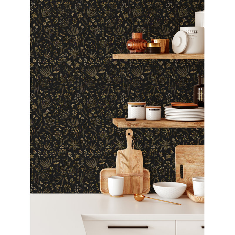 Rouleau de papier peint adhésif floral Kritika, Or/noir, L 2 pi x H 18 pi