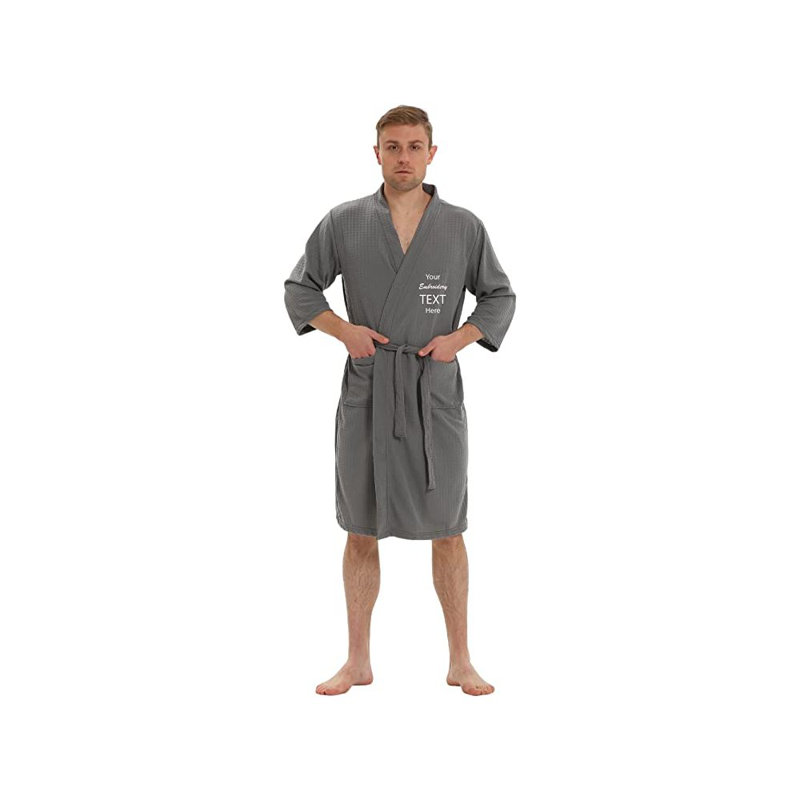 Peignoir en microfibre gaufré unisexe au-dessus du genou avec poches, P-M, gris, Oui