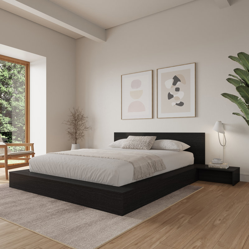 Ensemble de chambre avec lit plateforme 3 pièces Makoa, Black, Grand lit