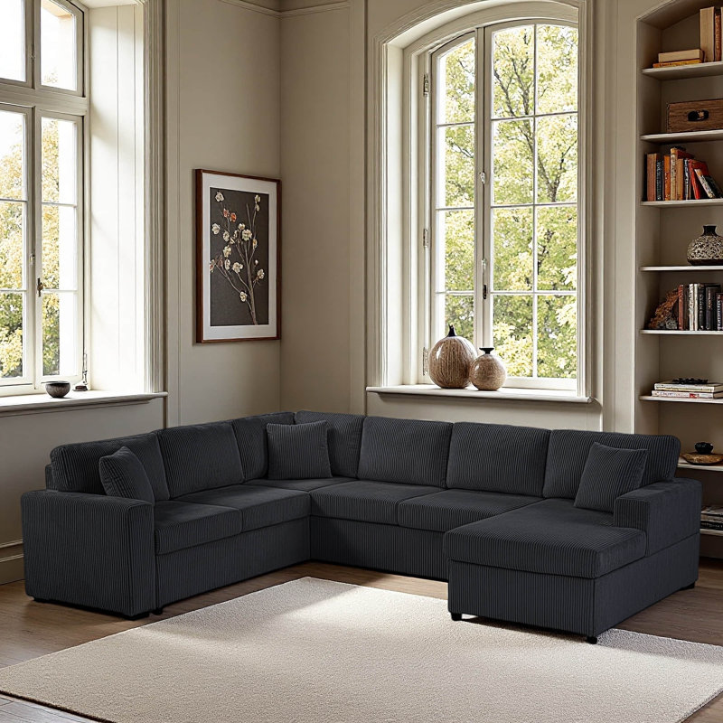 Canapé modulaire surdimensionné en U avec méridienne et coussins décoratifs moelleux pour le salon, Black