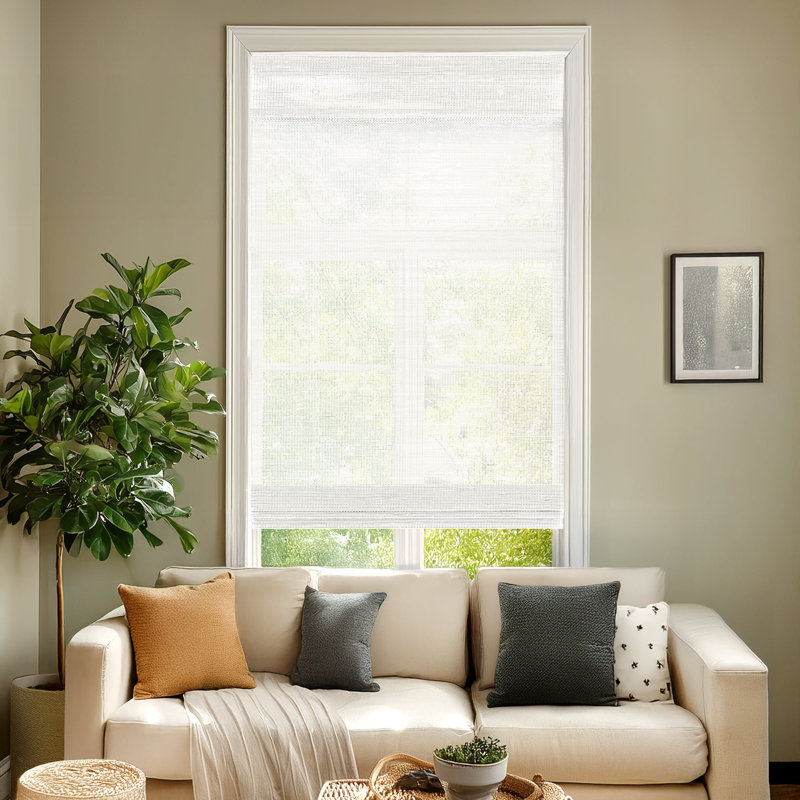 Light-Filtering Cordless Mesh White Bamboo Window Shade 64 in. W x 60 in. L, 64"W x 60"L
