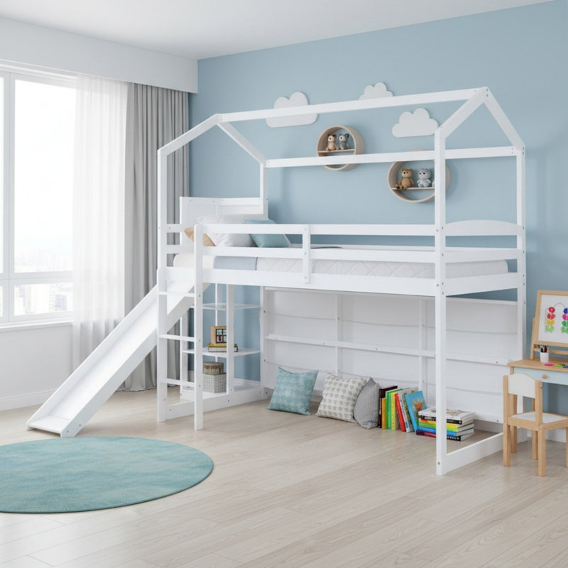 Solid Wood Twin Size House Loft Bed with Slide, Storage Shelves and Light, White