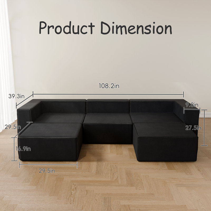  108" Luxury Corduroy Sofa Compression Module Sofa Deep Couch With Two Ottomans, Modern Minimalist Upholstered Couches, Comfort U Shaped Sofa for Living Room, Deep Seat Corner Couch, No Assembly Required