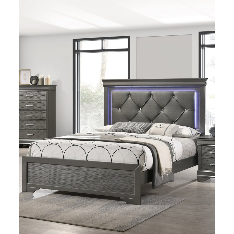 Tête de lit capitonnée en similicuir 1pc grand lit avec meubles de chambre à coucher à DEL gris et texture unique en bois massif FB