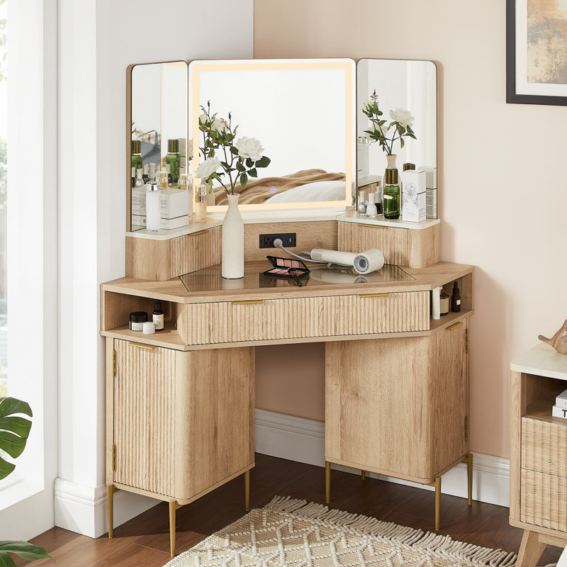 Meuble-lavabo de coin 48 po avec miroir à 3 DEL, Chêne naturel