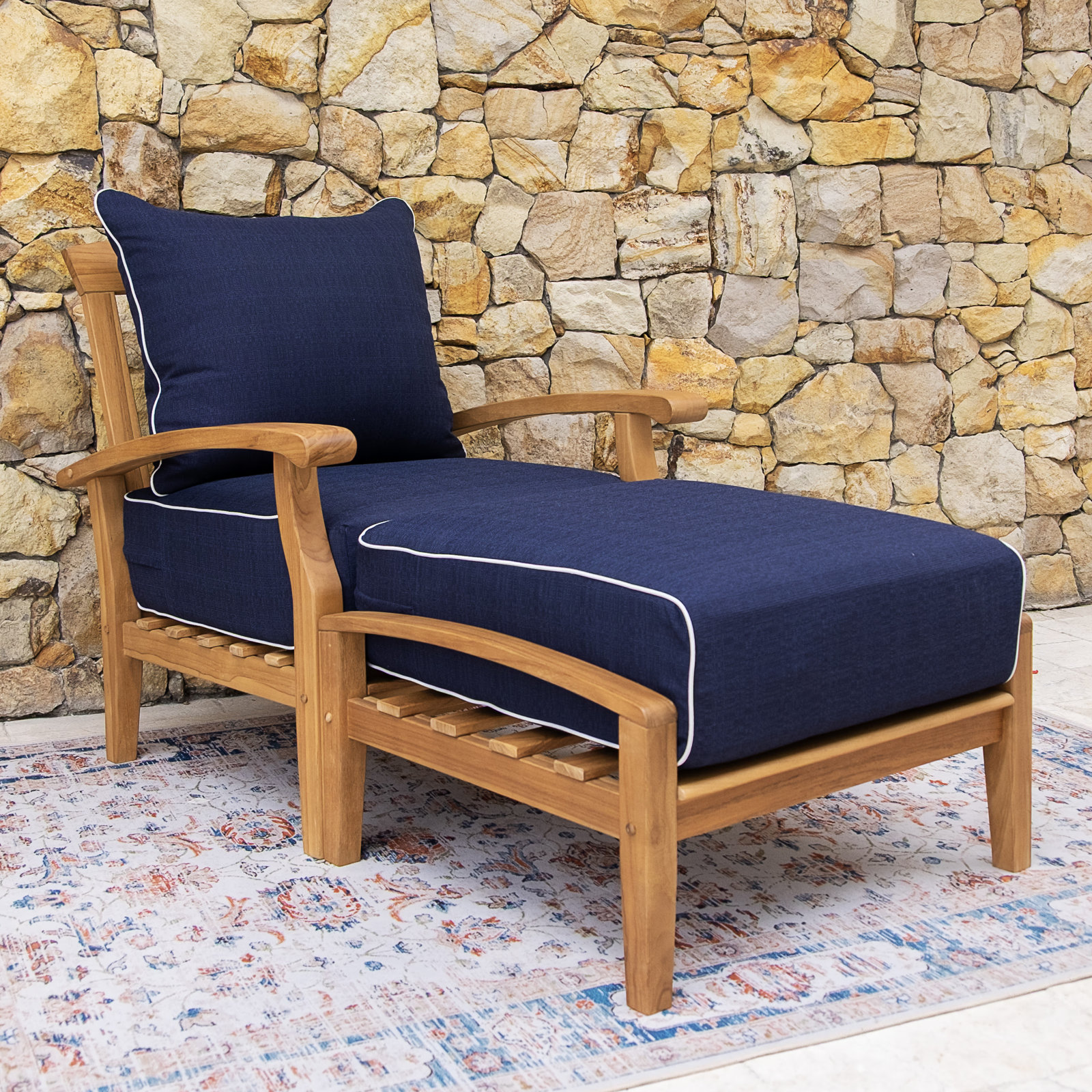 Summerton Upholstered Outdoor Ottoman with Cushion, Natural, Navy White Piping