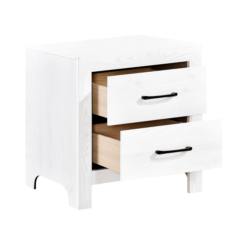 Table de chevet de chambre à coucher en blanc rustique avec 2 tiroirs et poignées en métal noir - Poignées centrales de style moderne