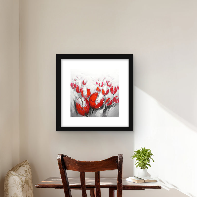 Tulipes rouges - impression florale matte encadrée pour la décoration intérieure, Noir, H 16 po x l 16 po