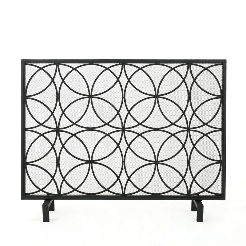  Single Panel Iron Fireplace Screen, Geometric Overlapping Circles Mesh Metal Spark Guard for Hearth Safety, Black