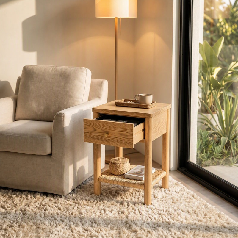 Table d'appoint en bois massif avec tiroir, Noyer