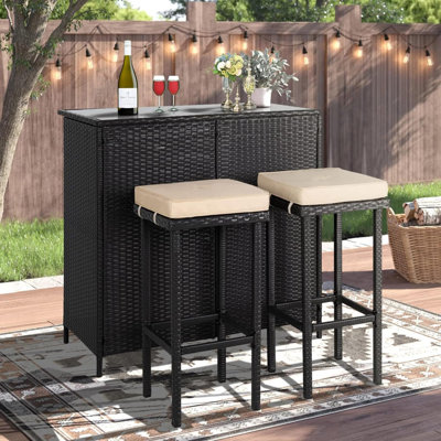 3-Piece Wicker Patio Outdoor Bar Set, 2 Stools And 1 Glass Top Table, Bistro Set, Brown Furniture For Deck, Lawn, Backyard -  Latitude RunÂ®, 97AC0CC059634FD38DD856CE1C61E627