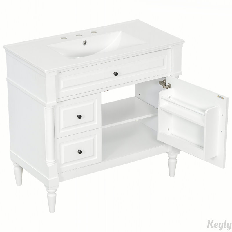 Meuble-lavabo autoportant de 36 pouces avec lavabo en céramique, tiroir rabattable, tablette réglable et structure en bois d'hévéa durable au fini noir
