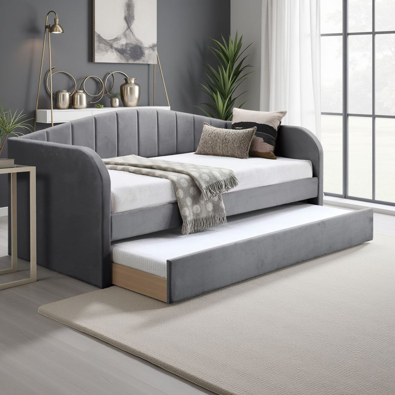 Lit de jour avec couchette Keo, velours capitonné, Gris