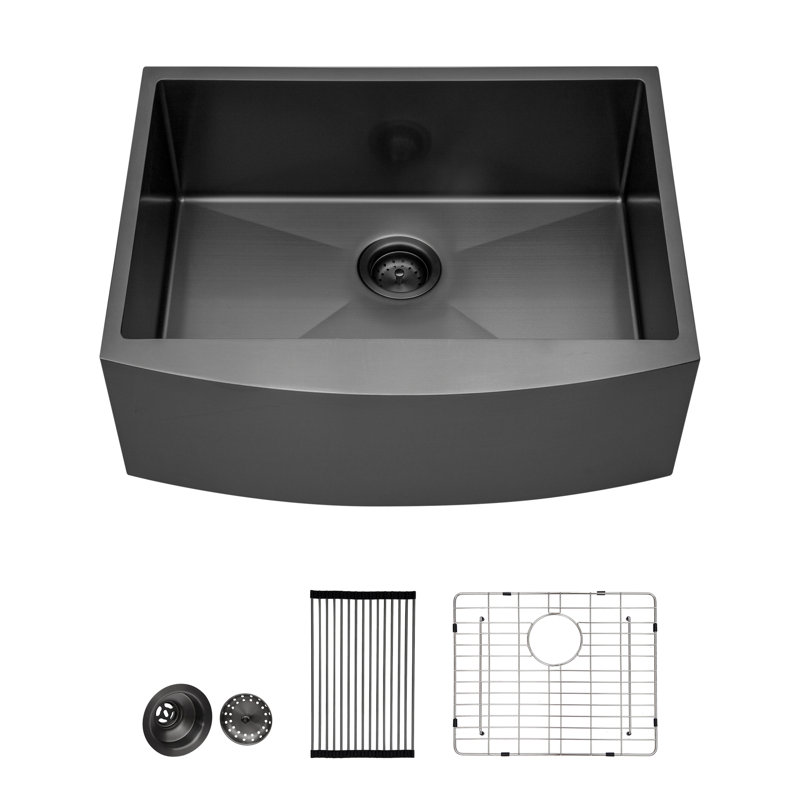 Évier de cuisine en acier inoxydable noir Gunmetal de 24 po - tablier de cuisine de calibre 16, trace et longue durée, guide de drain en X pour écoulement, coin arrondi R10, support inclus, grille de rinçage inférieure, installation