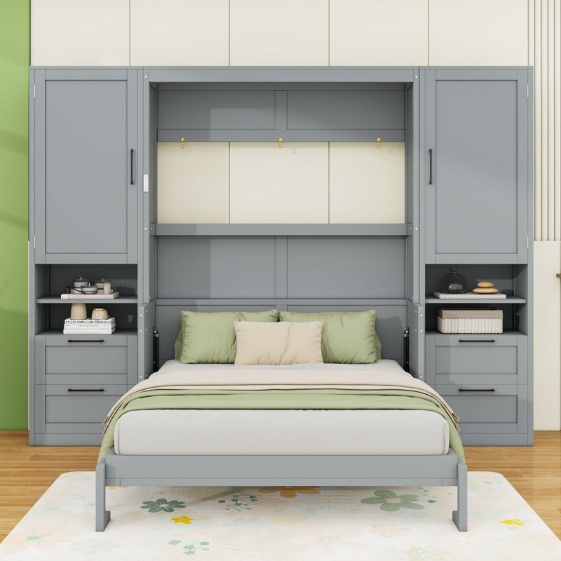 Lit escamotable double en bois avec placard, tiroirs et tablettes, gris