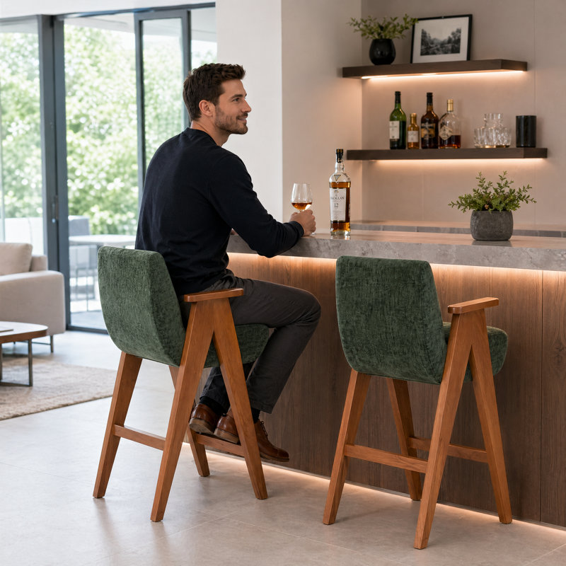 Counter Height Upholstered Bar Stool With Armrests And Solid Wood Legs, Green