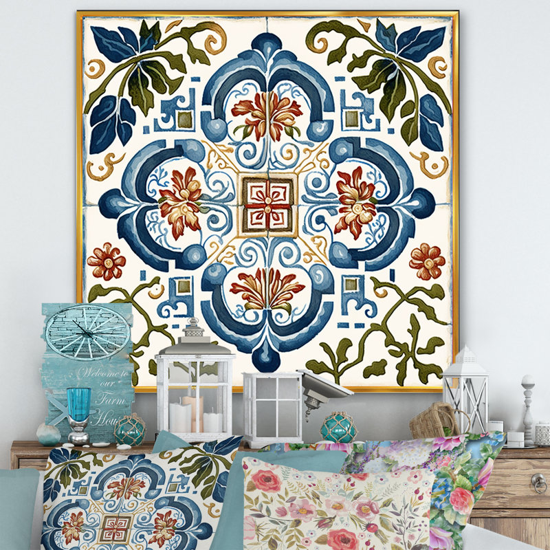 Motif de tuiles méditerranéennes rétro bleu I - abstrait, L 24 po x H 24 po, Toile avec cadre flottant or