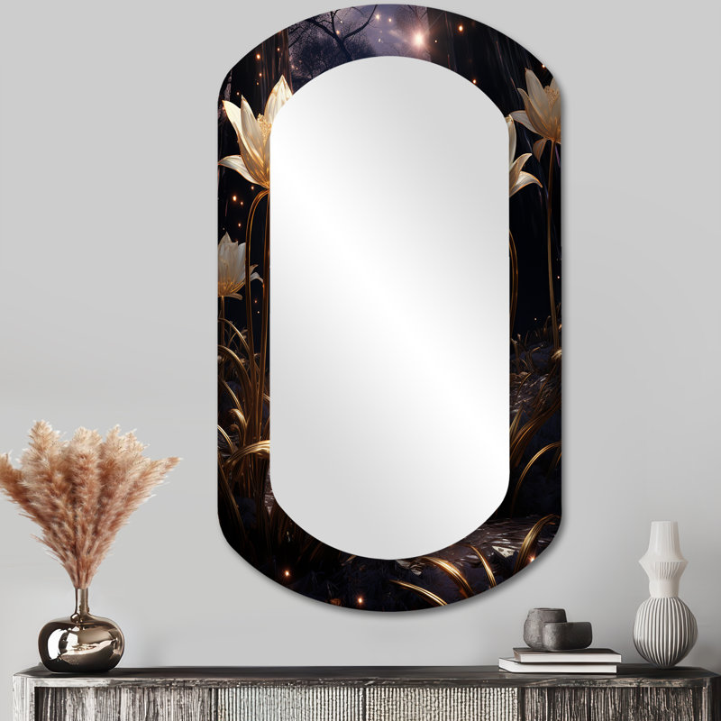 Magical White Tulip Night - Tulips Asymmetrical Mirror, White Freeform Decorative Wall Mirror, Printed Metal Art, 43" x 23"
