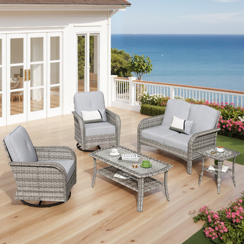 5 Pieces Patio Furniture Set, Outdoor Wicker Sofa With Swivel Chairs, Coffee Table, All Weather High Back Rattan Loveseat Couch With Comfy Cushions