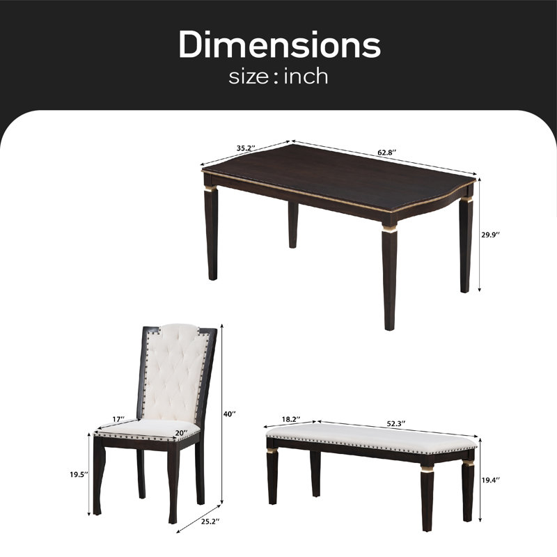 Ensemble de table de salle à manger 6 pièces, table rectangulaire 62,7 po, 4 chaises capitonnées à dossier haut et 1 banc pour la salle à manger et la cuisine (espresso)