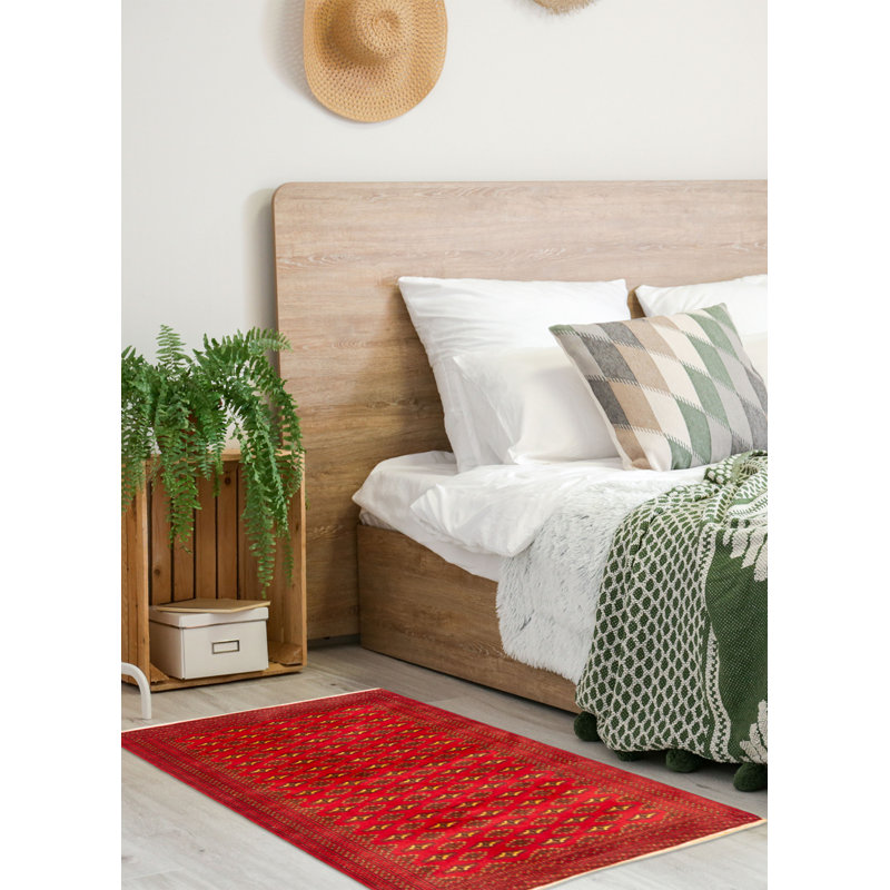 Tapis rouge en laine noué à la main 3 pi 4 po x 4 pi 7 po Teimani