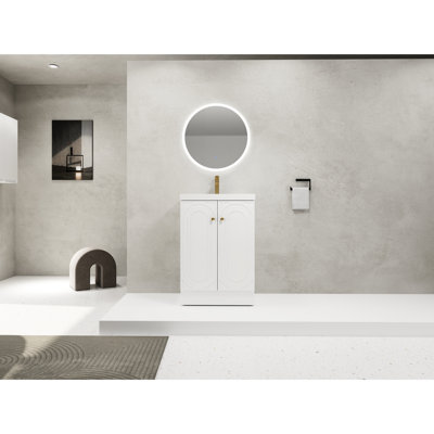 Armoire de salle de bain contemporaine avec lavabo en résine blanche, portes à fermeture en douceur et poignées en métal - 24 portes latérales pour table d'appoint 24 "sur pied