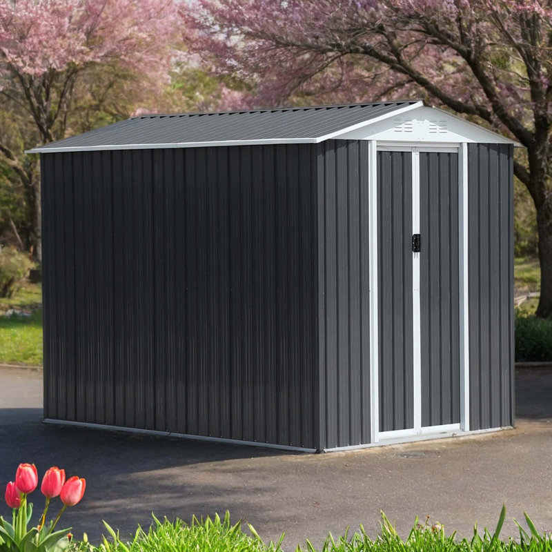 Outdoor Bike Shed 6Ftx9Ft, Grey Metal, Apex Roof, Aluminum Frame, Tool & Equipment Storage, Gray